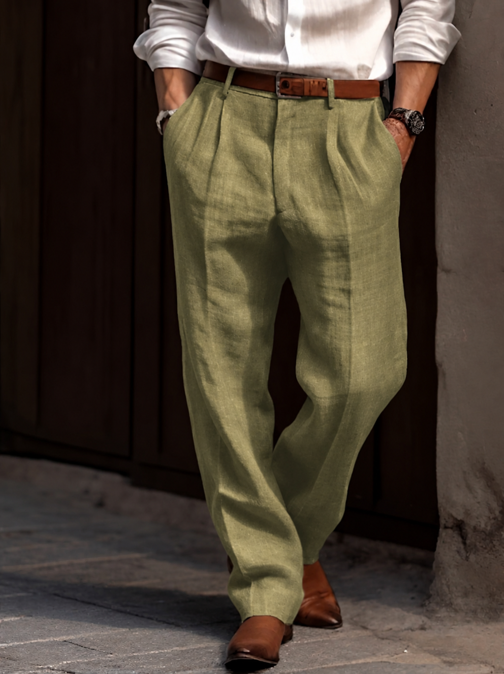 Men's Pleated Linen Blend Trousers with Elasticated Waist