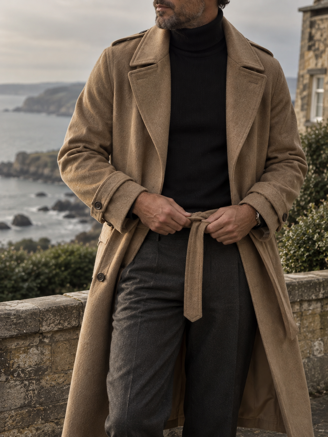 Man wearing a camel wool overcoat over a black roll neck