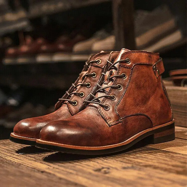 Men's Lace Up Cushioned Leather Look Ankle Boots