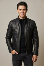 Men's Leather Look Stand Collar Slim Fit Jacket