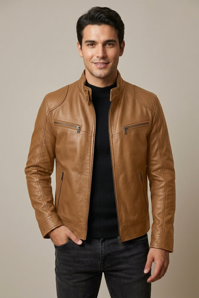 Men's Leather Look Stand Collar Slim Fit Jacket