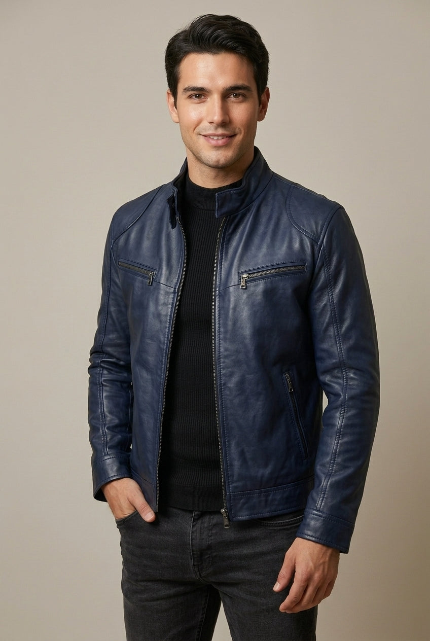 Men's Leather Look Stand Collar Slim Fit Jacket