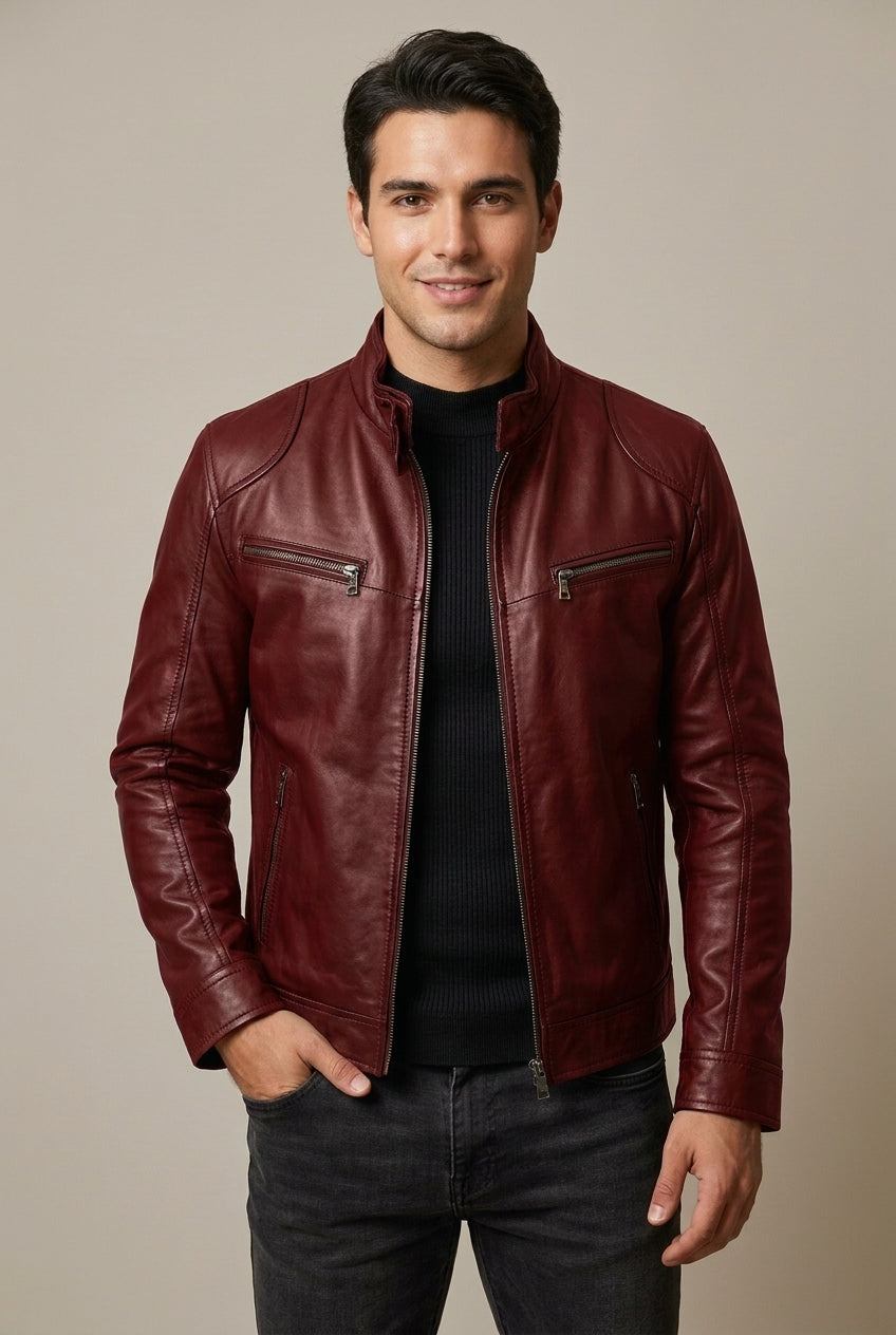Men's Leather Look Stand Collar Slim Fit Jacket