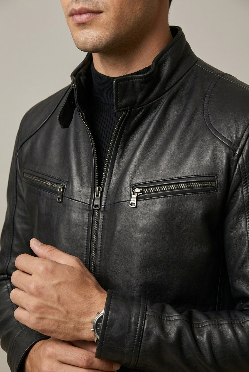 Men's Leather Look Stand Collar Slim Fit Jacket