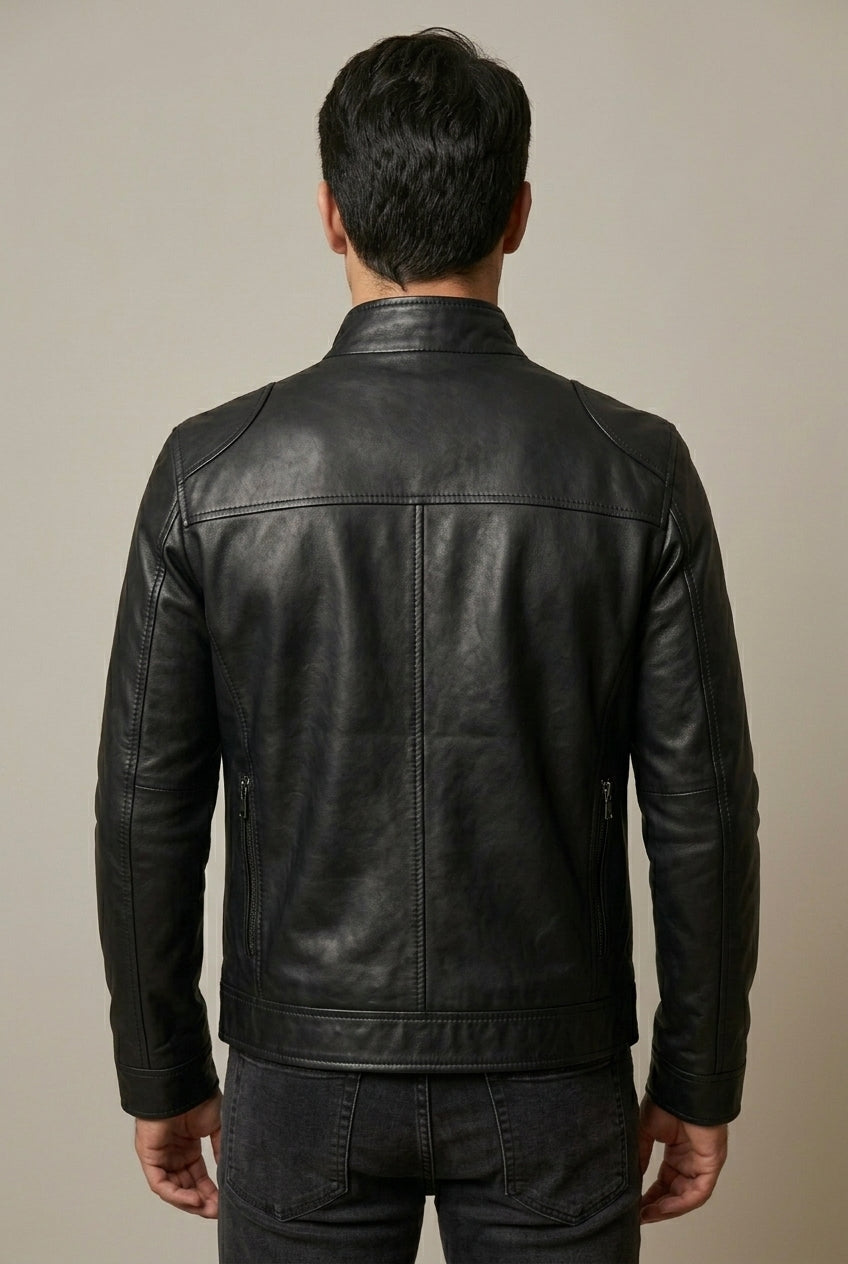 Men's Leather Look Stand Collar Slim Fit Jacket