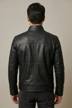 Men's Leather Look Stand Collar Slim Fit Jacket