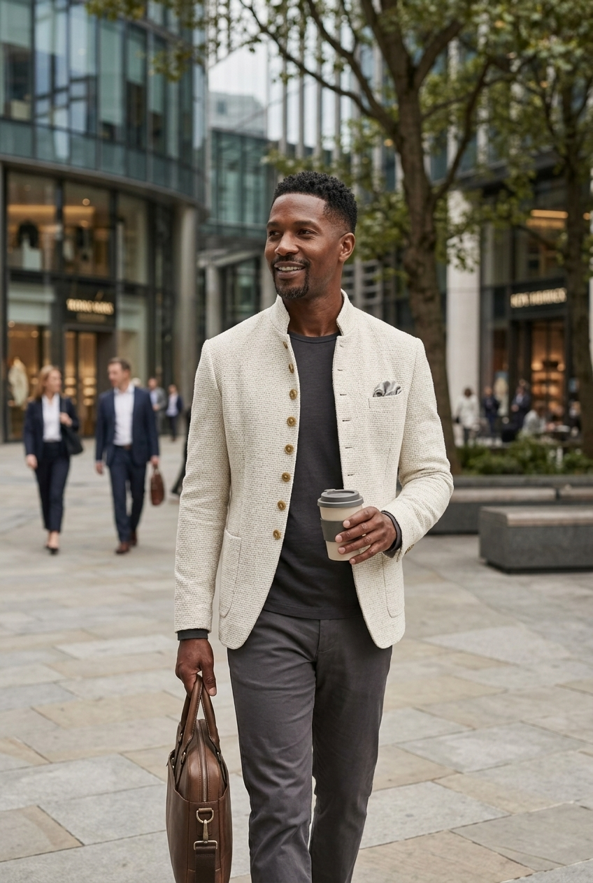Men's Mandarin Collar Textured Blazer