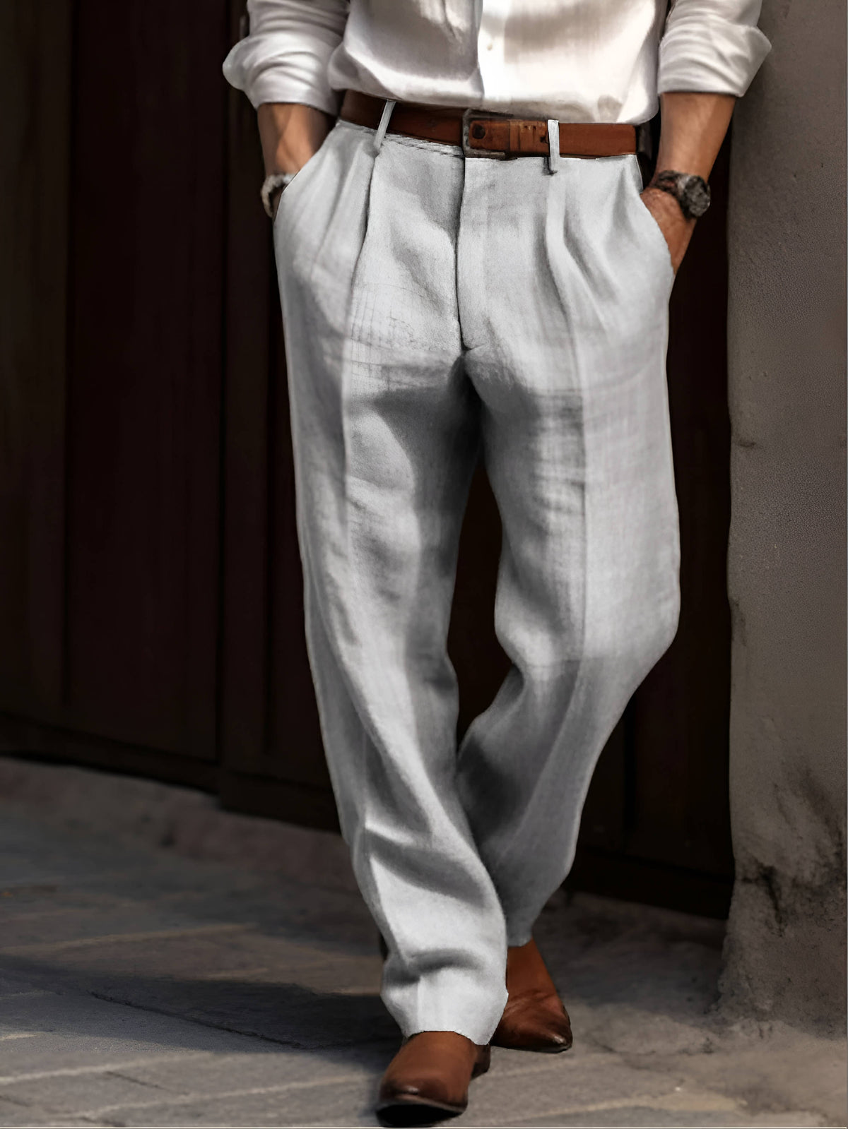 Men's Pleated Linen Blend Trousers with Elasticated Waist