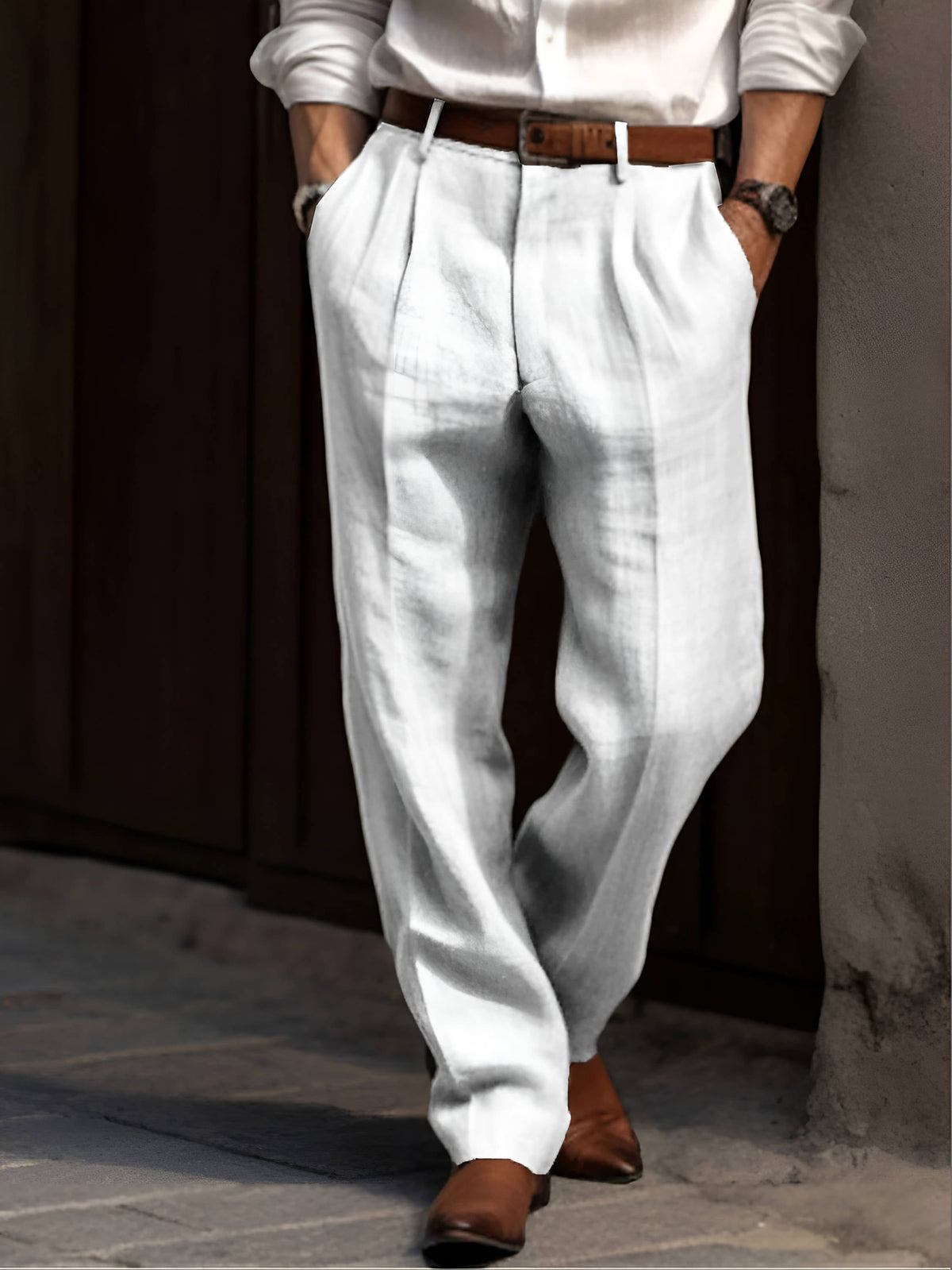 Men's Pleated Linen Blend Trousers with Elasticated Waist