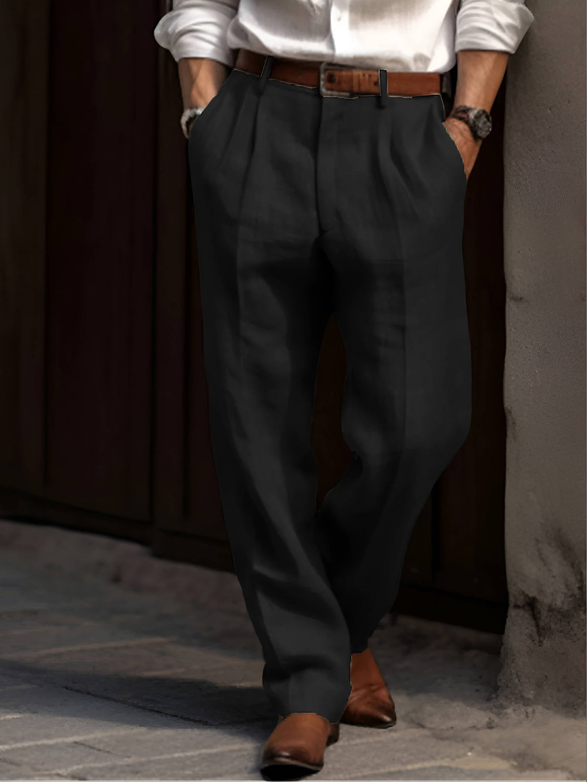 Men's Pleated Linen Blend Trousers with Elasticated Waist