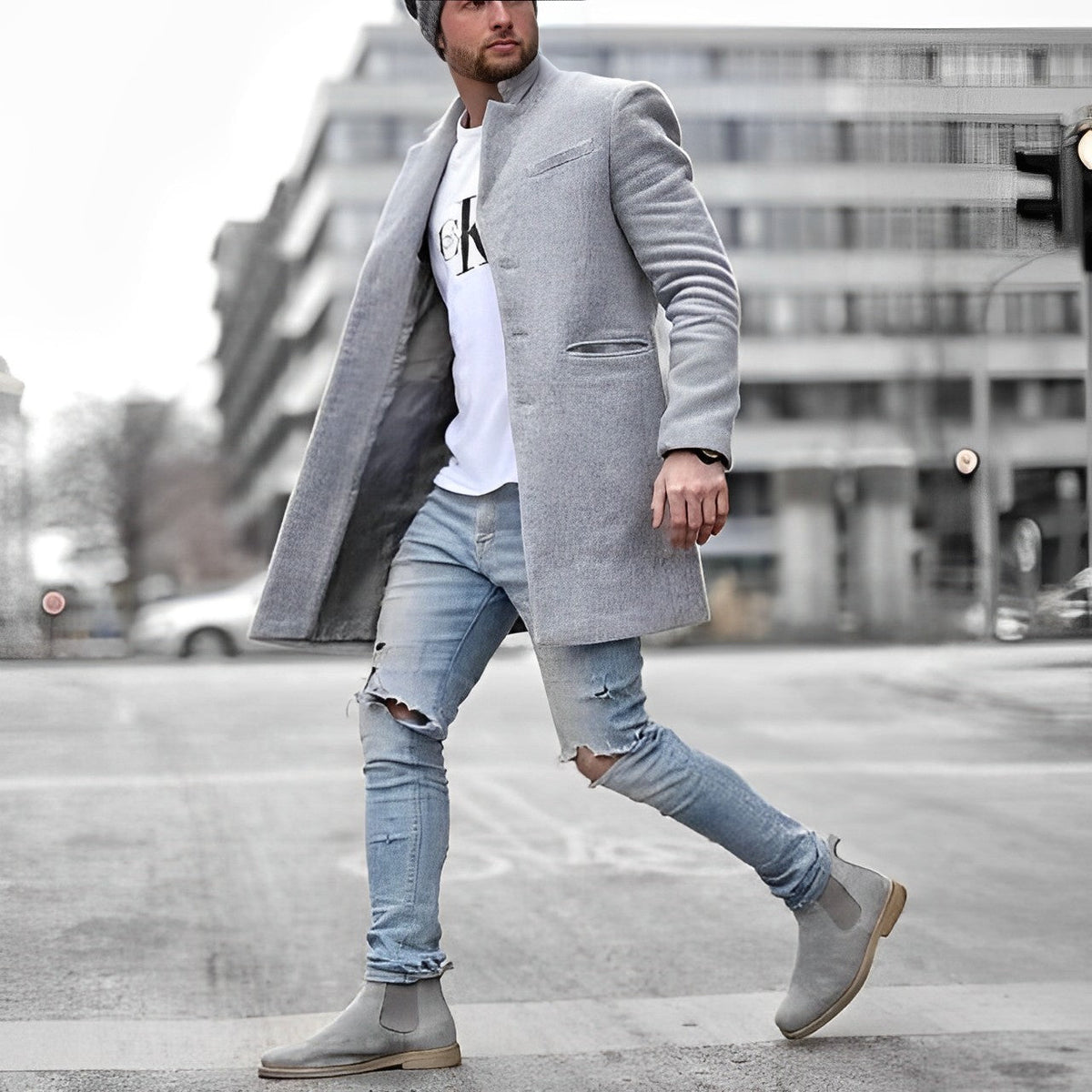 Men's Slim Fit Wool Blend Overcoat for Autumn and Winter