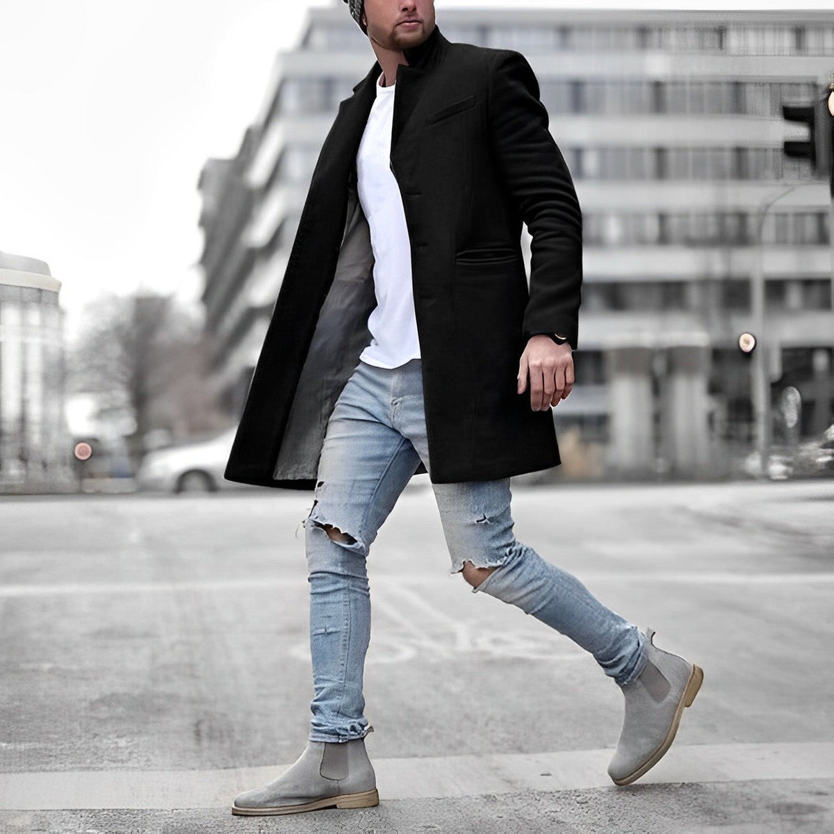 Men's Slim Fit Wool Blend Overcoat for Autumn and Winter