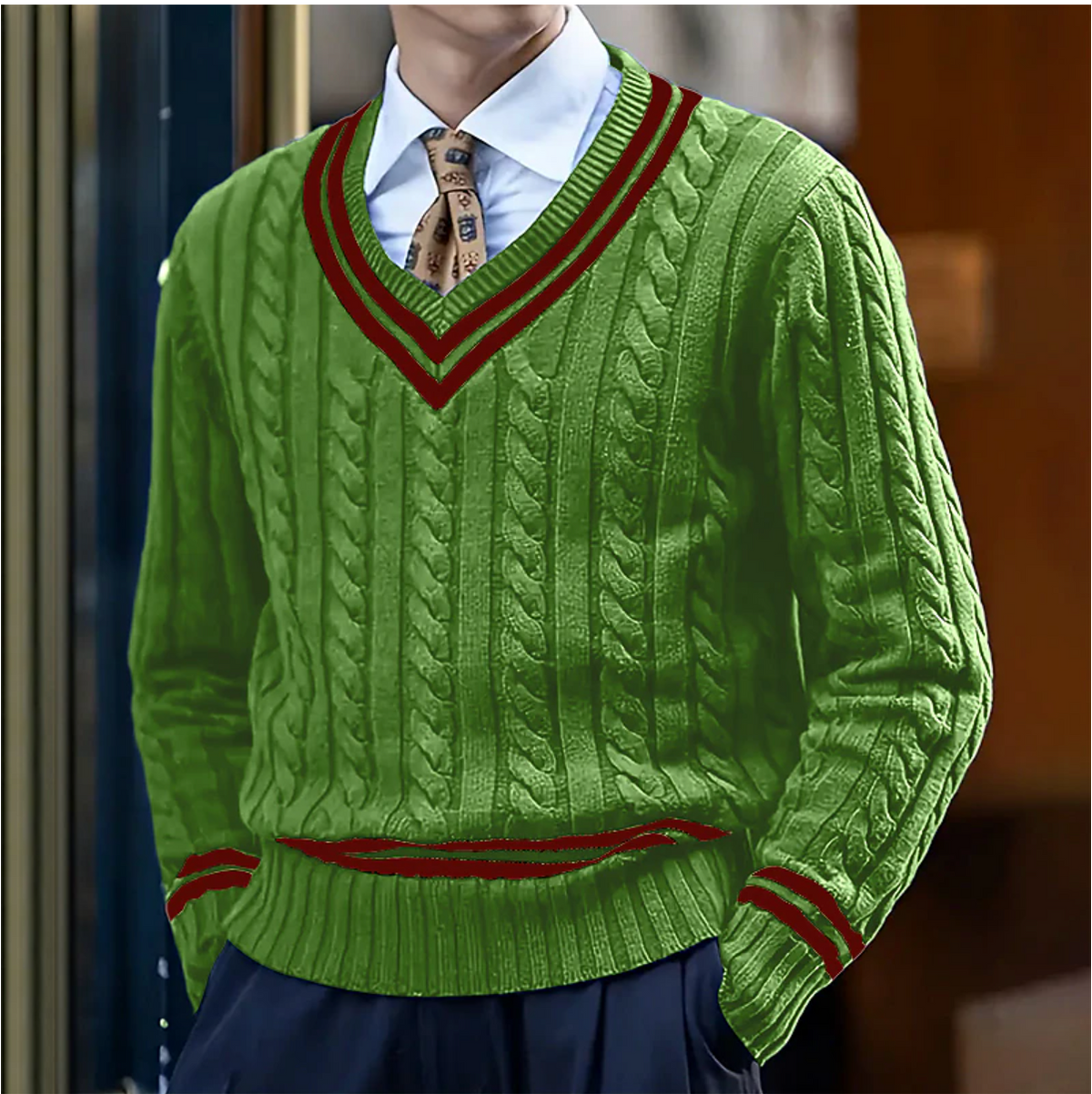 Men's V Neck Cable Knit Jumper