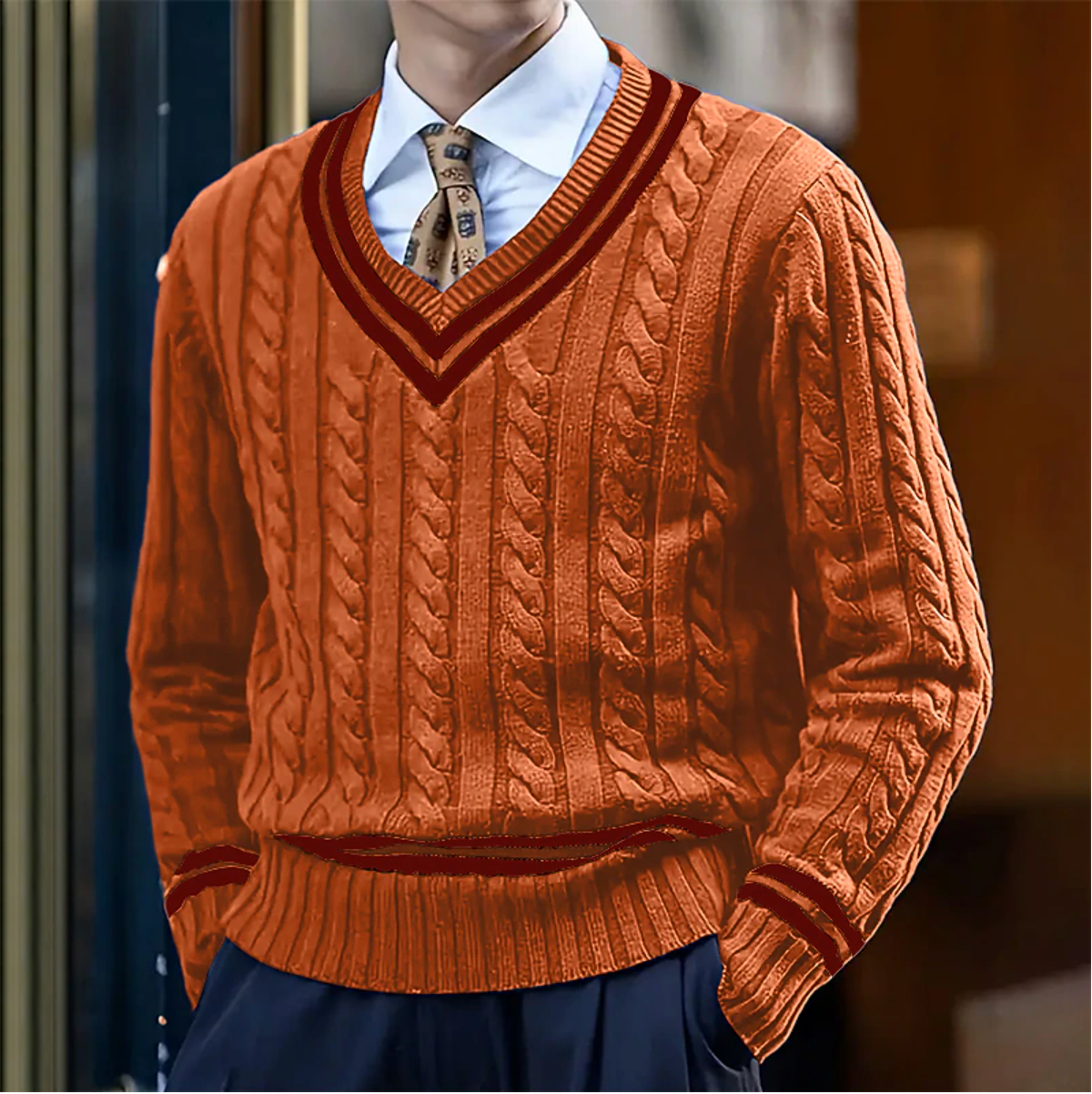 Men's V Neck Cable Knit Jumper