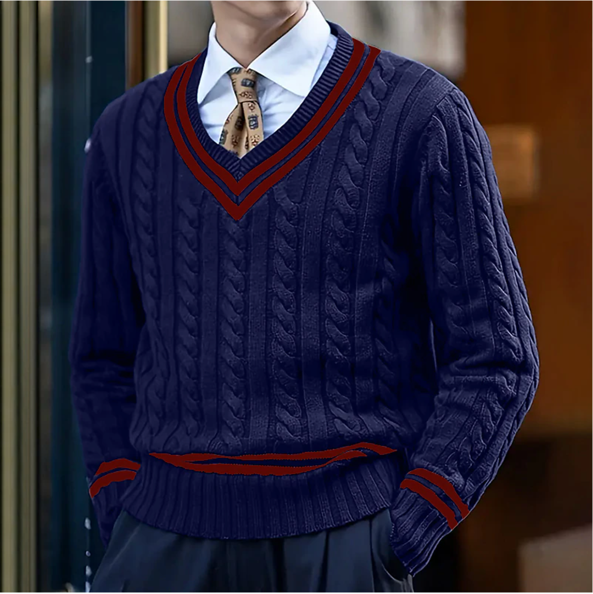 Men's V Neck Cable Knit Jumper