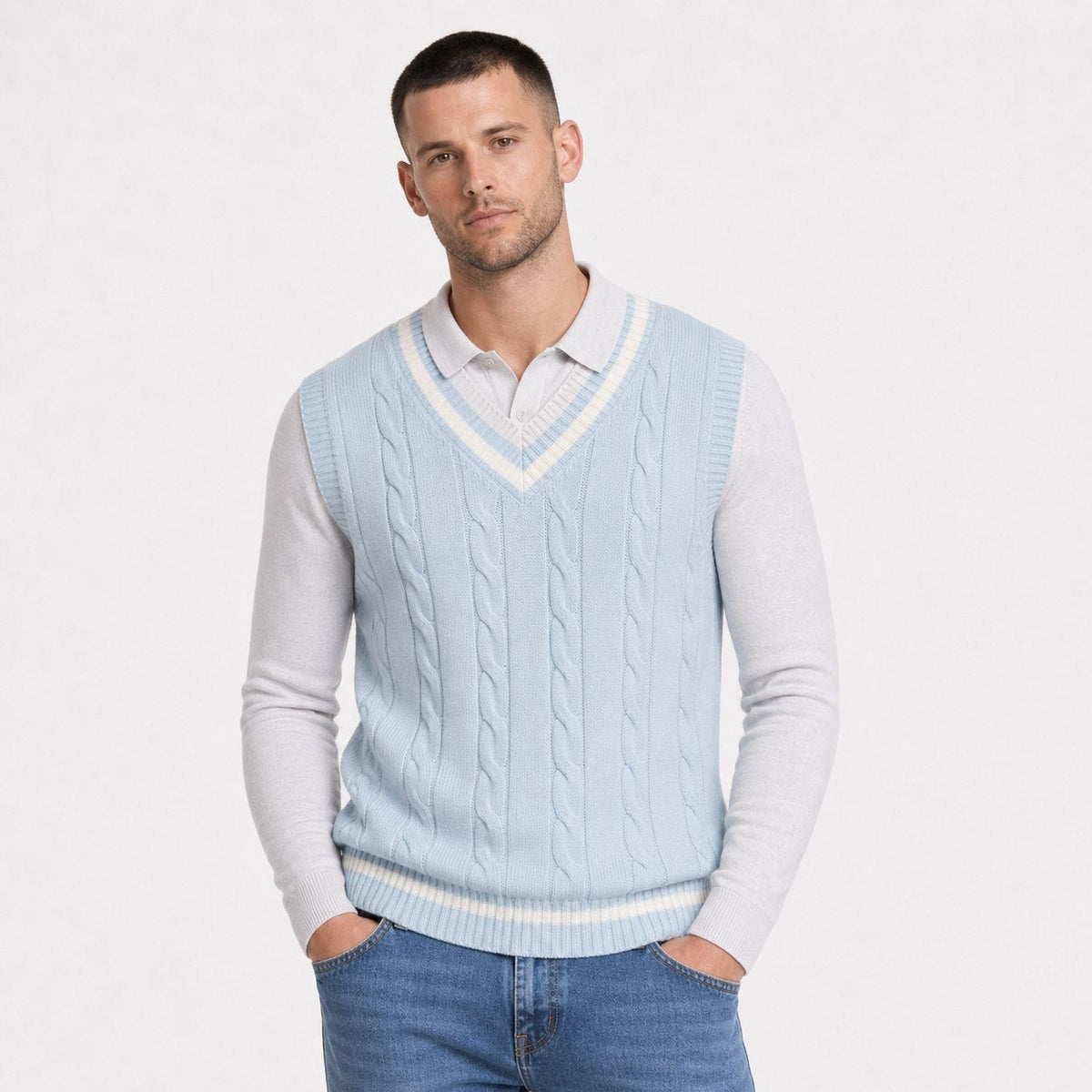Men's V Neck Sleeveless Cable Knit Jumper