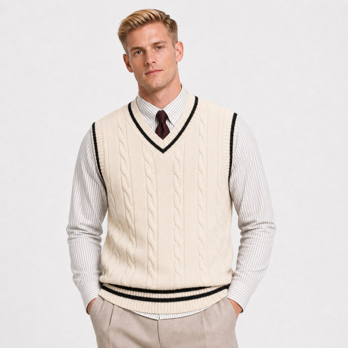 Men's V Neck Sleeveless Cable Knit Jumper