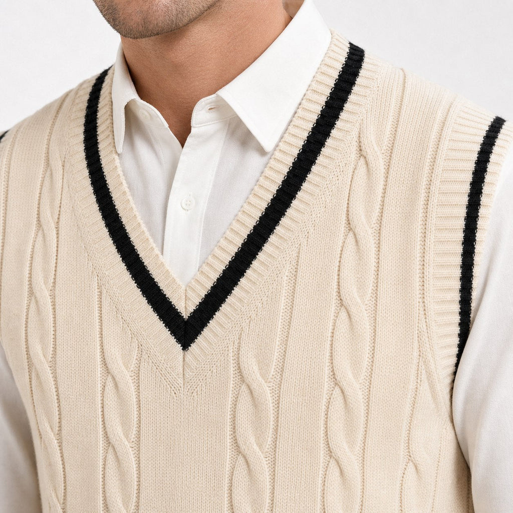 Men's V Neck Sleeveless Cable Knit Jumper