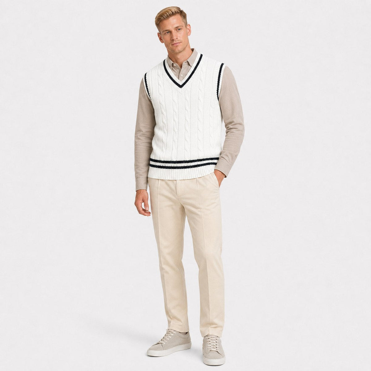 Men's V Neck Sleeveless Cable Knit Jumper