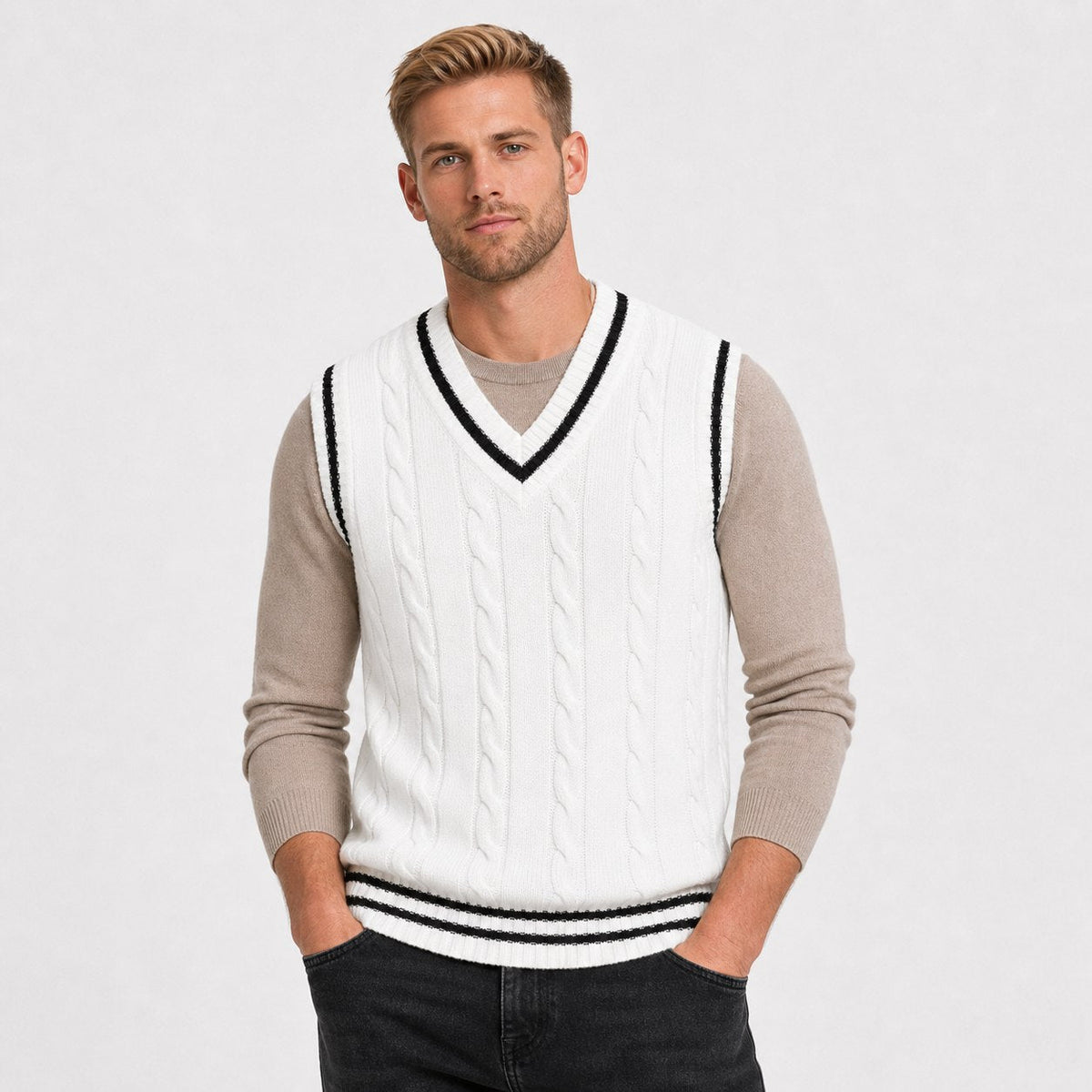 Men's V Neck Sleeveless Cable Knit Jumper